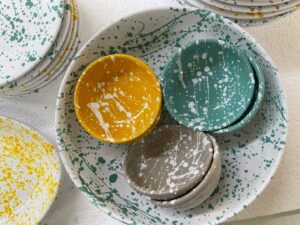 a group of plates and bowls